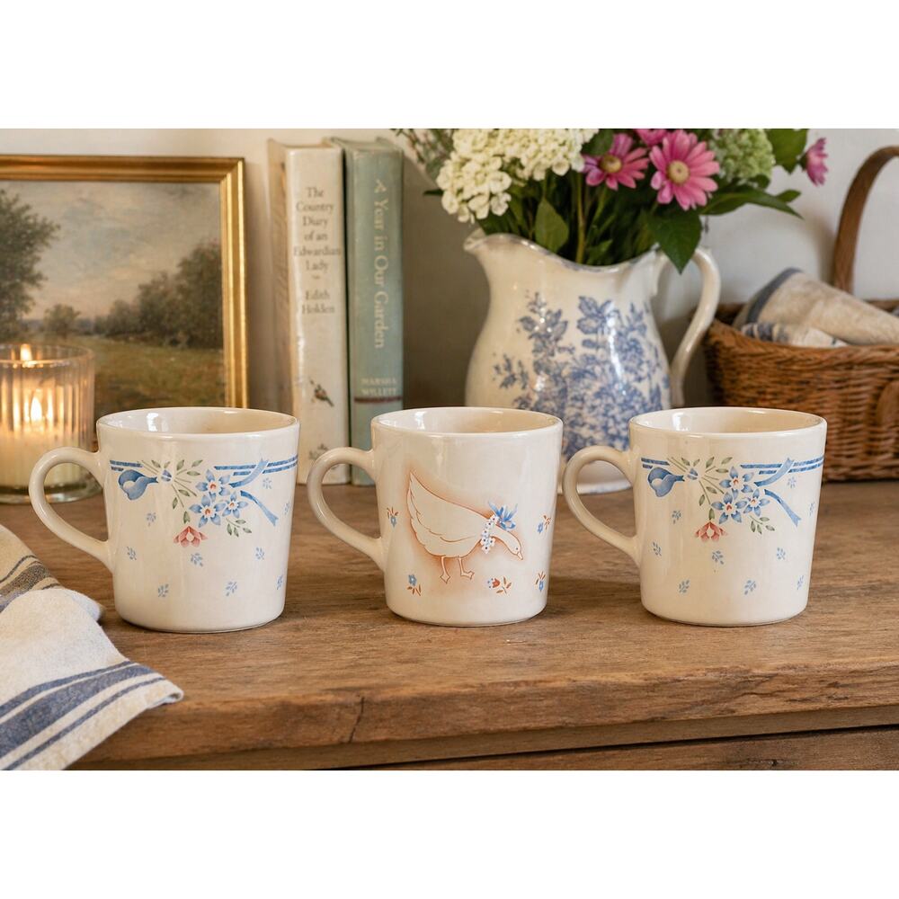 Vintage Corning Corelle Mugs Set of 3 Country Goose and Symphony Blue Floral